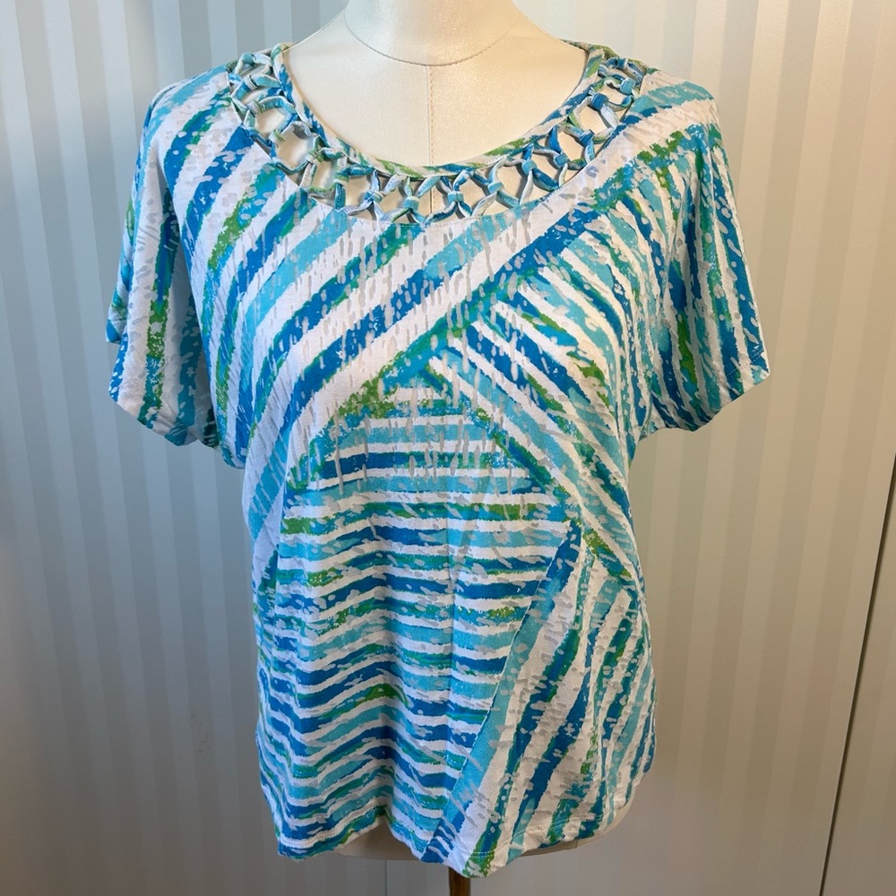Alfred Dunner petite white blue green crossover stripes lattice lined tee Size L